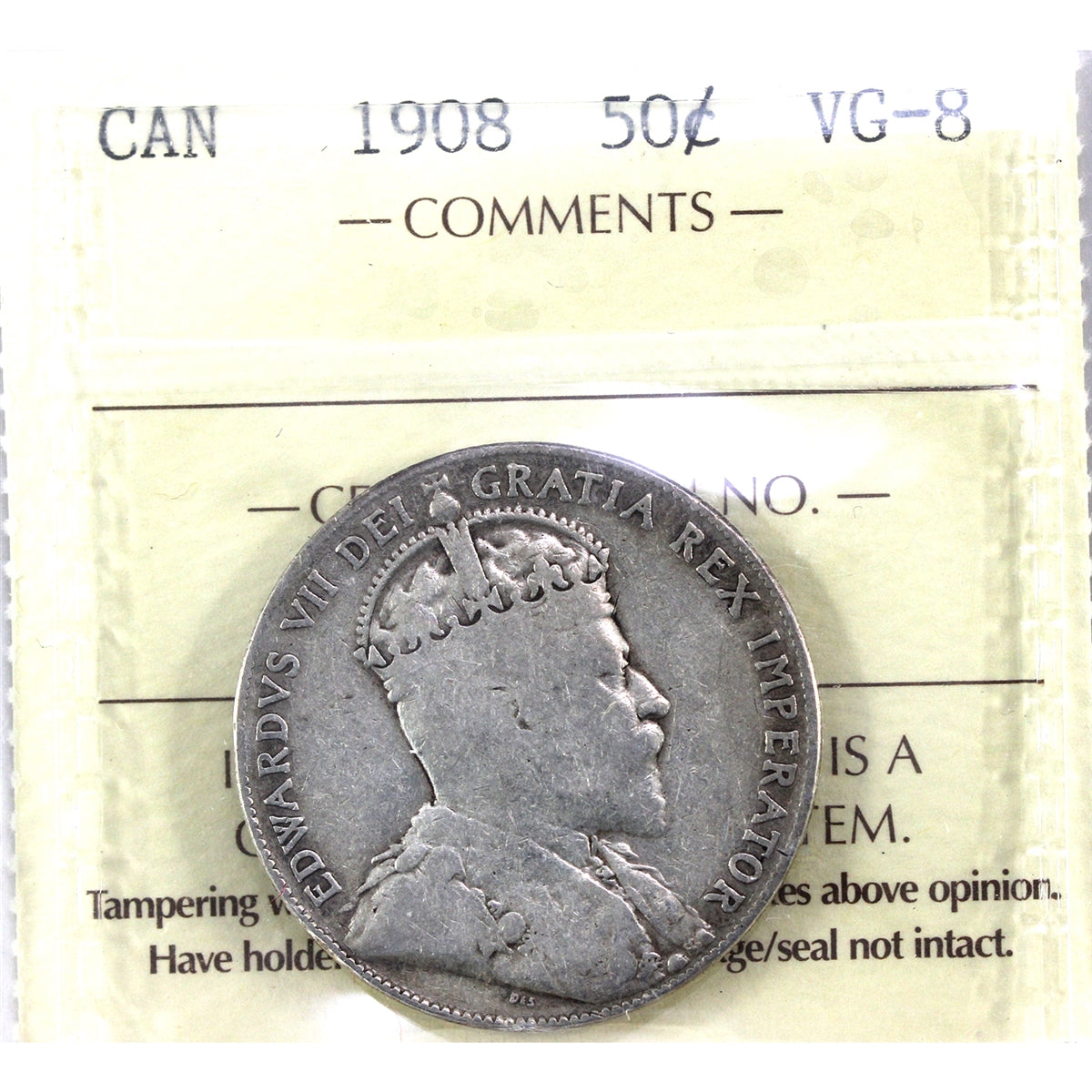 1908 Canada 50-cents ICCS Certified VG8