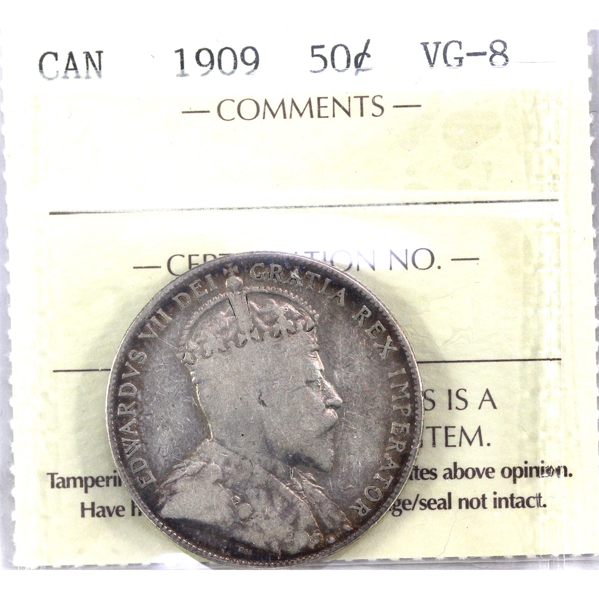 1909 Canada 50-cents ICCS Certified VG8