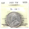 1920 Narrow 0 Canada 50-cents ICCS Certified VF20