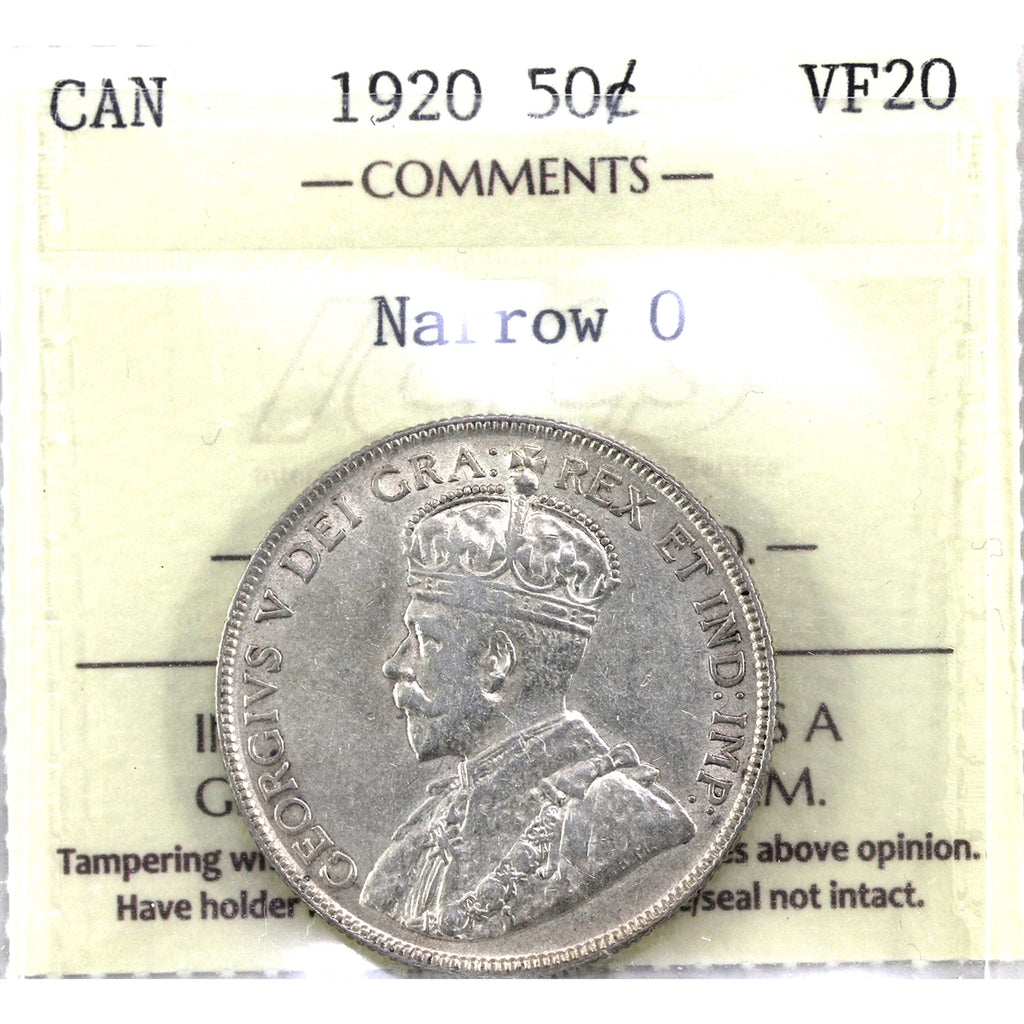 1920 Narrow 0 Canada 50-cents ICCS Certified VF20