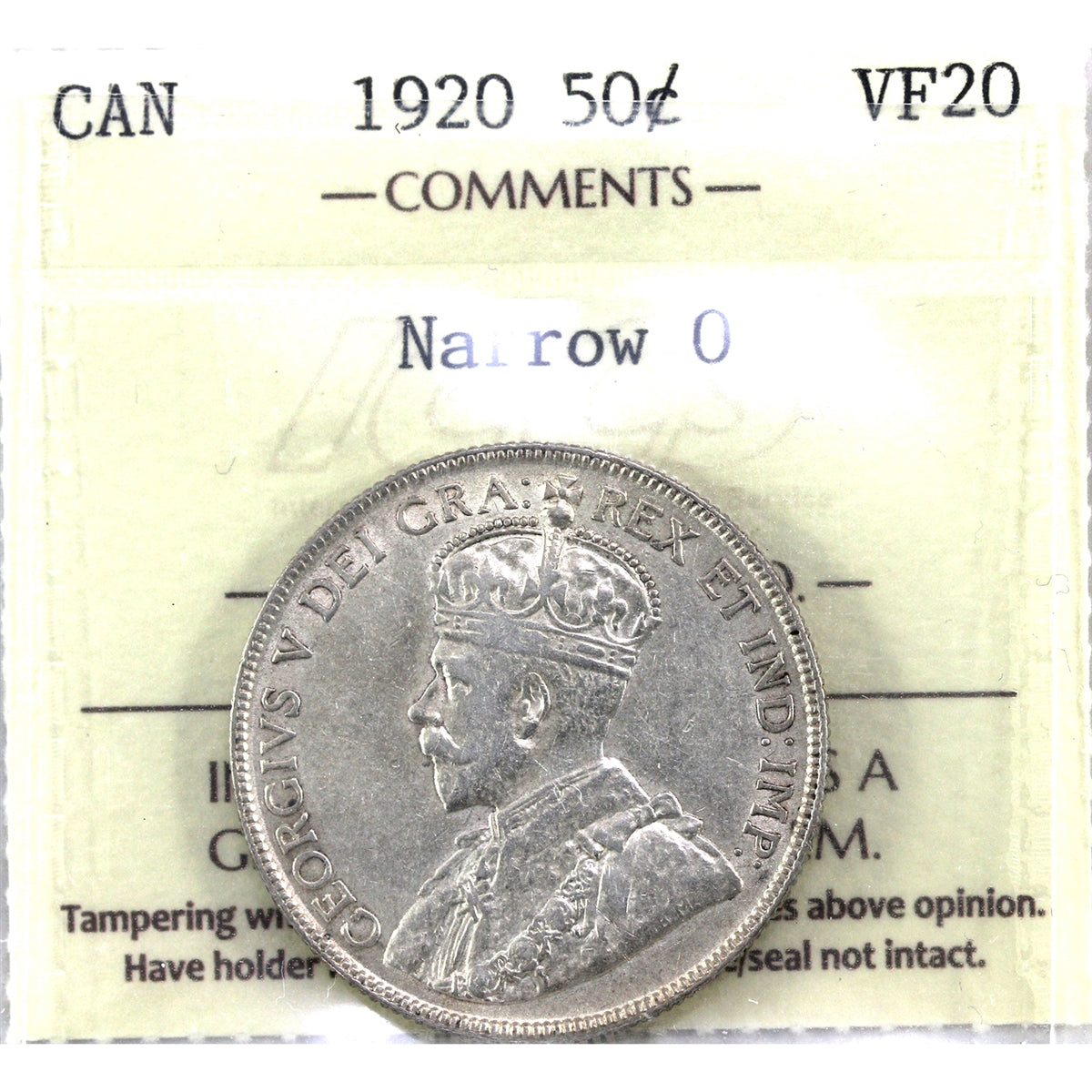 1920 Narrow 0 Canada 50-cents ICCS Certified VF20