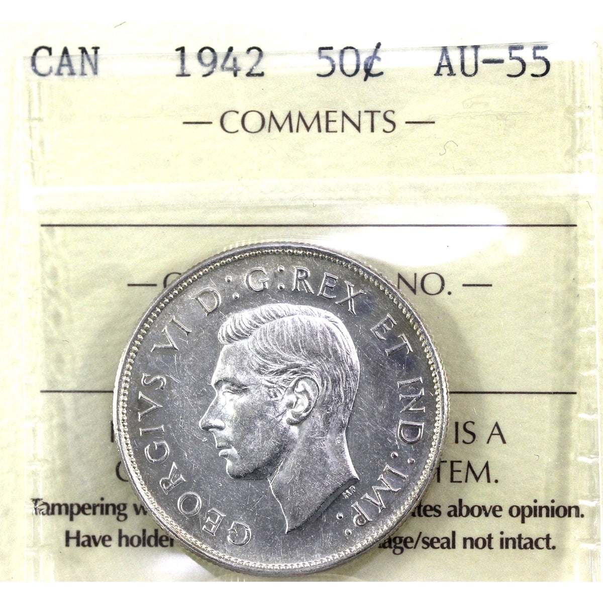 1942 Canada 50-cents ICCS Certified AU55