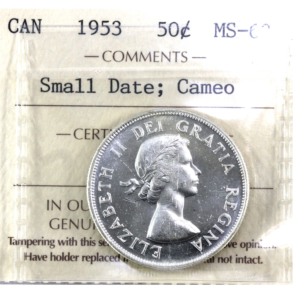 1953 Small Date Canada 50-cents ICCS Certified MS63 Cameo