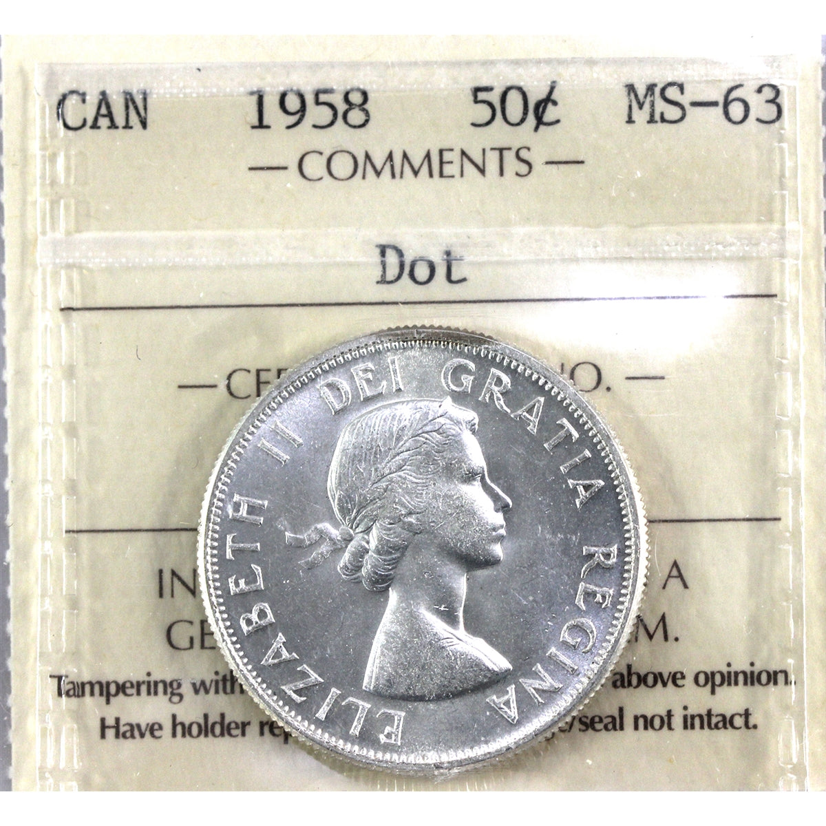 1958 Dot Canada 50-cents ICCS Certified MS63