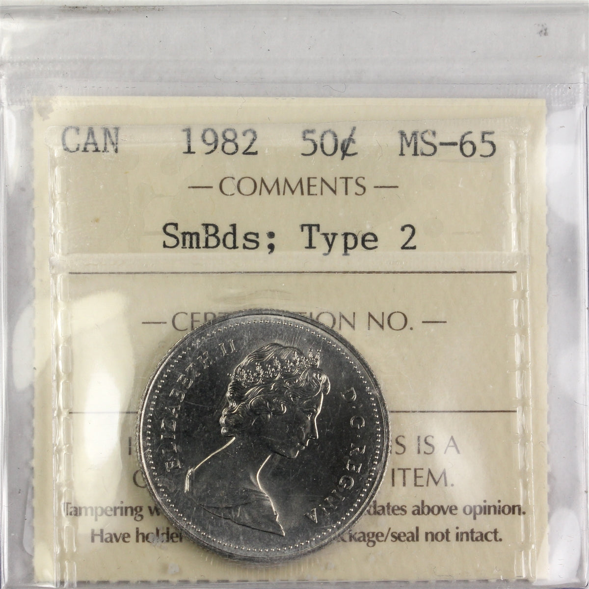 1982 Small Beads, Type 2 Canada 50-cents ICCS Certified MS65