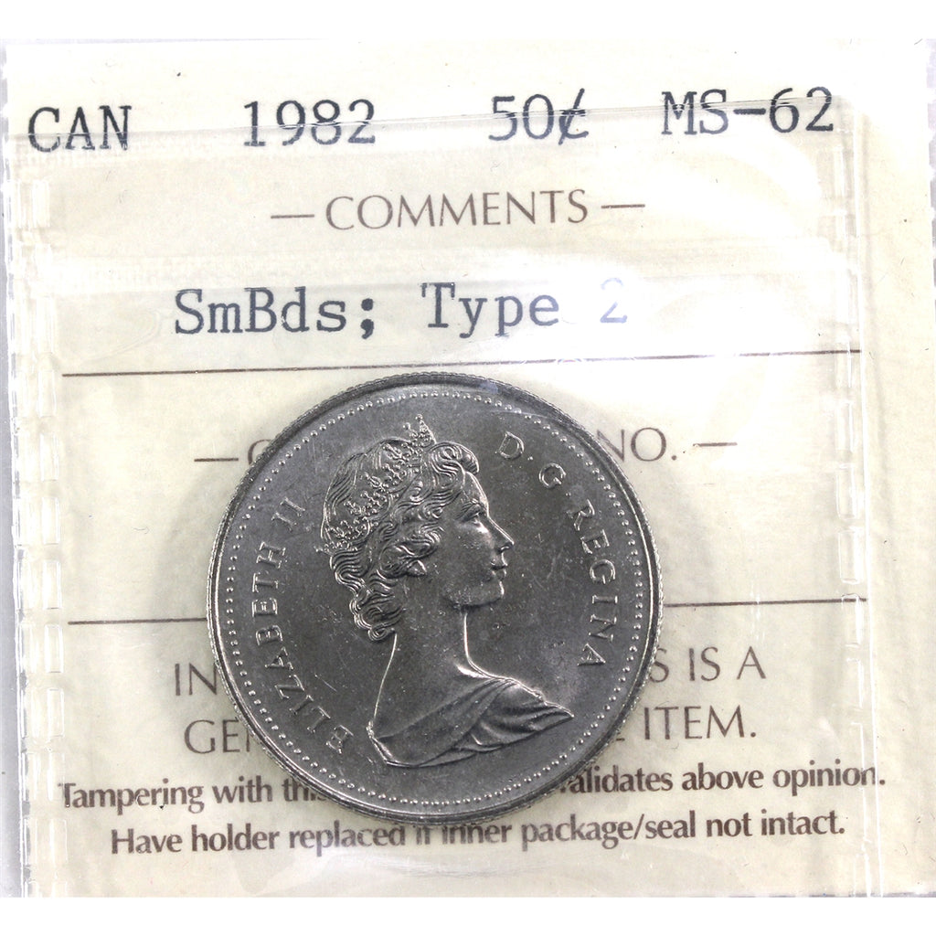 1982 Small Beads; Type 2 Canada 50-cents ICCS Certified MS62