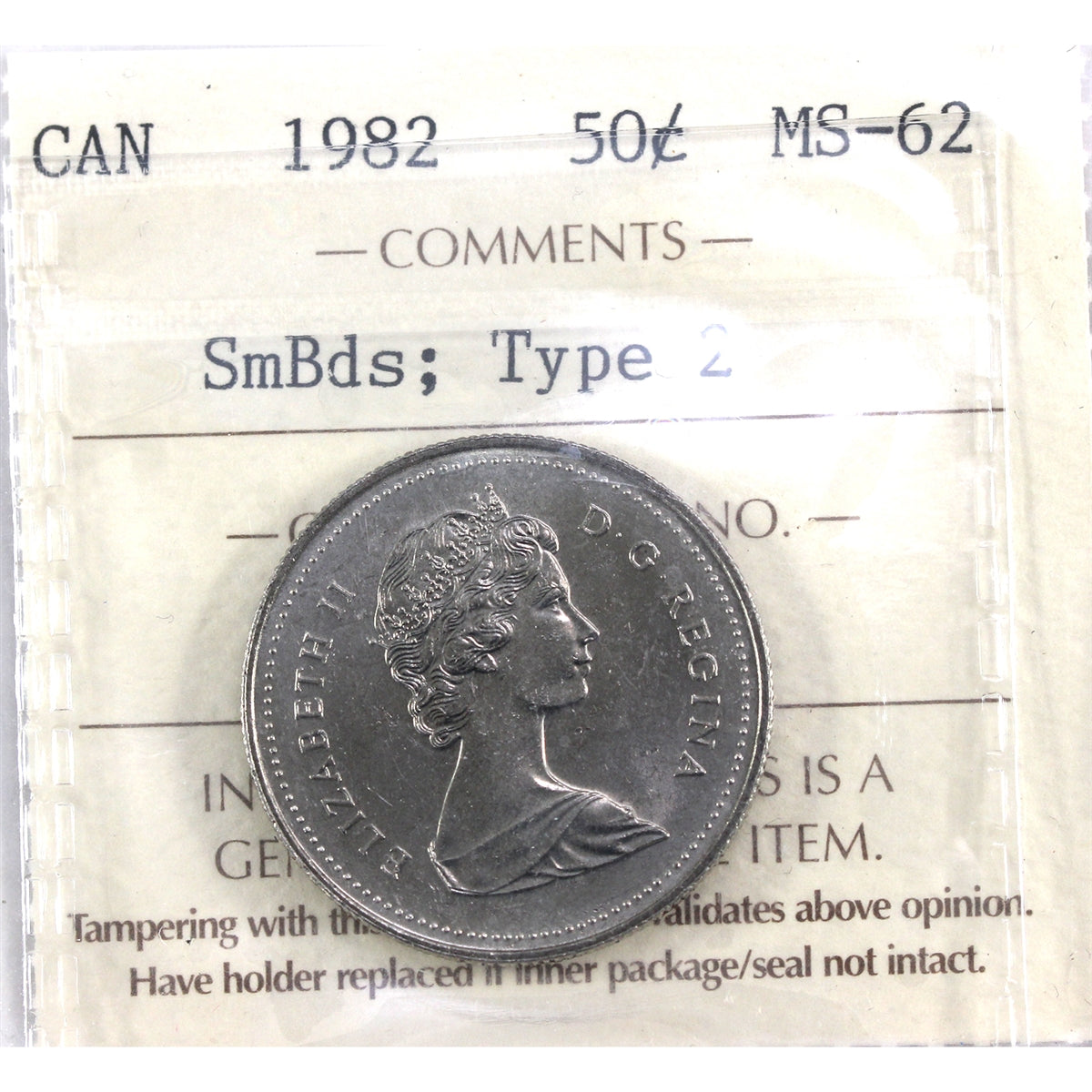 1982 Small Beads; Type 2 Canada 50-cents ICCS Certified MS62