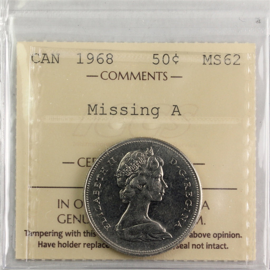 1968 Missing A Canada 50-cents ICCS Certified MS62