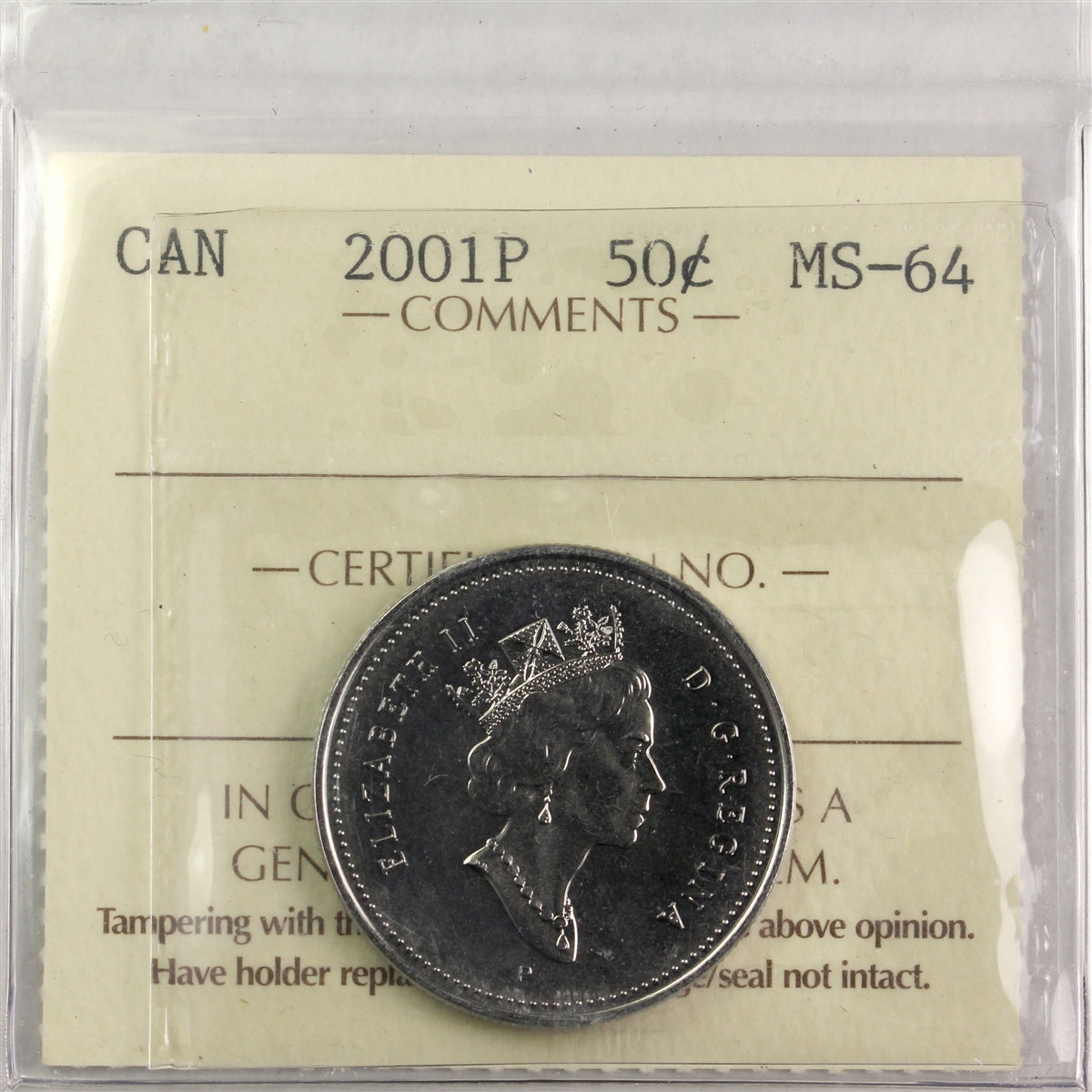 2001P Canada 50-cents ICCS Certified MS64