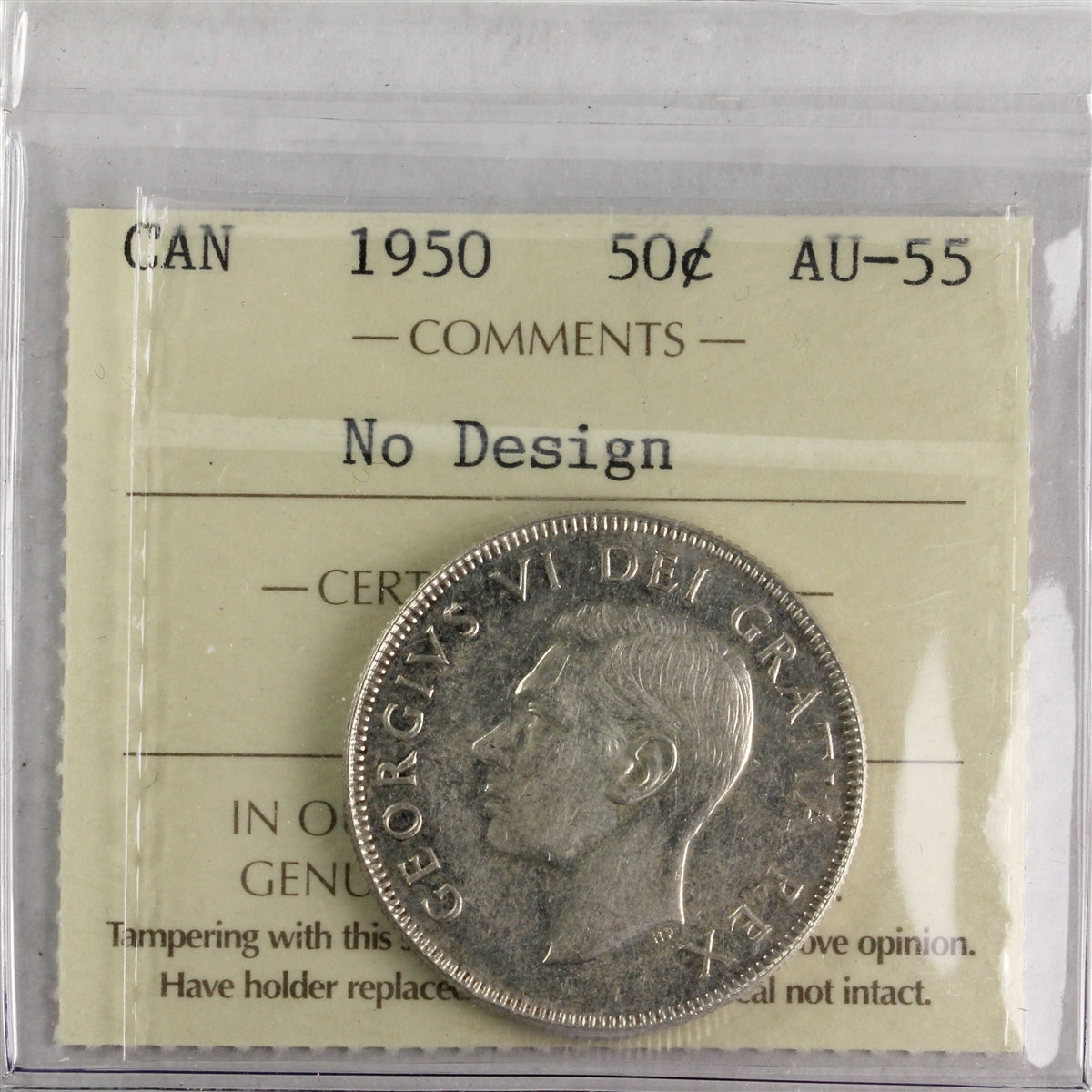 1950 No Design Canada 50-cents ICCS Certified AU55
