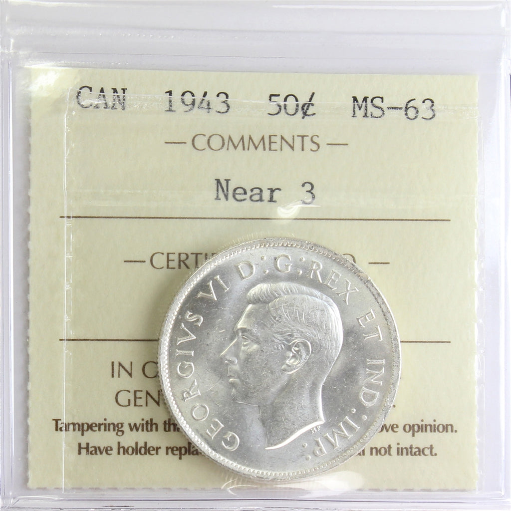 1943 Near 3 Canada 50-cents ICCS Certified MS63