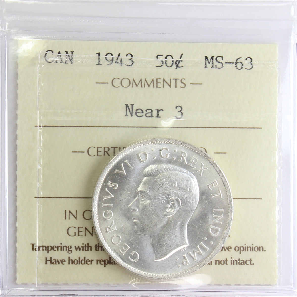 1943 Near 3 Canada 50-cents ICCS Certified MS63