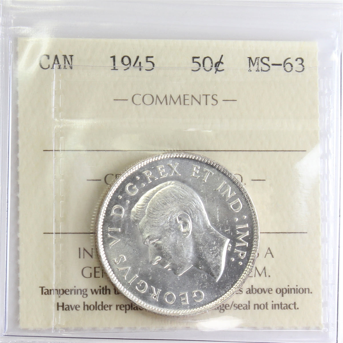 1945 Canada 50-cents ICCS Certified MS63