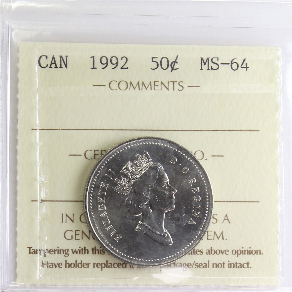 1992 Canada 50-cents ICCS Certified MS64