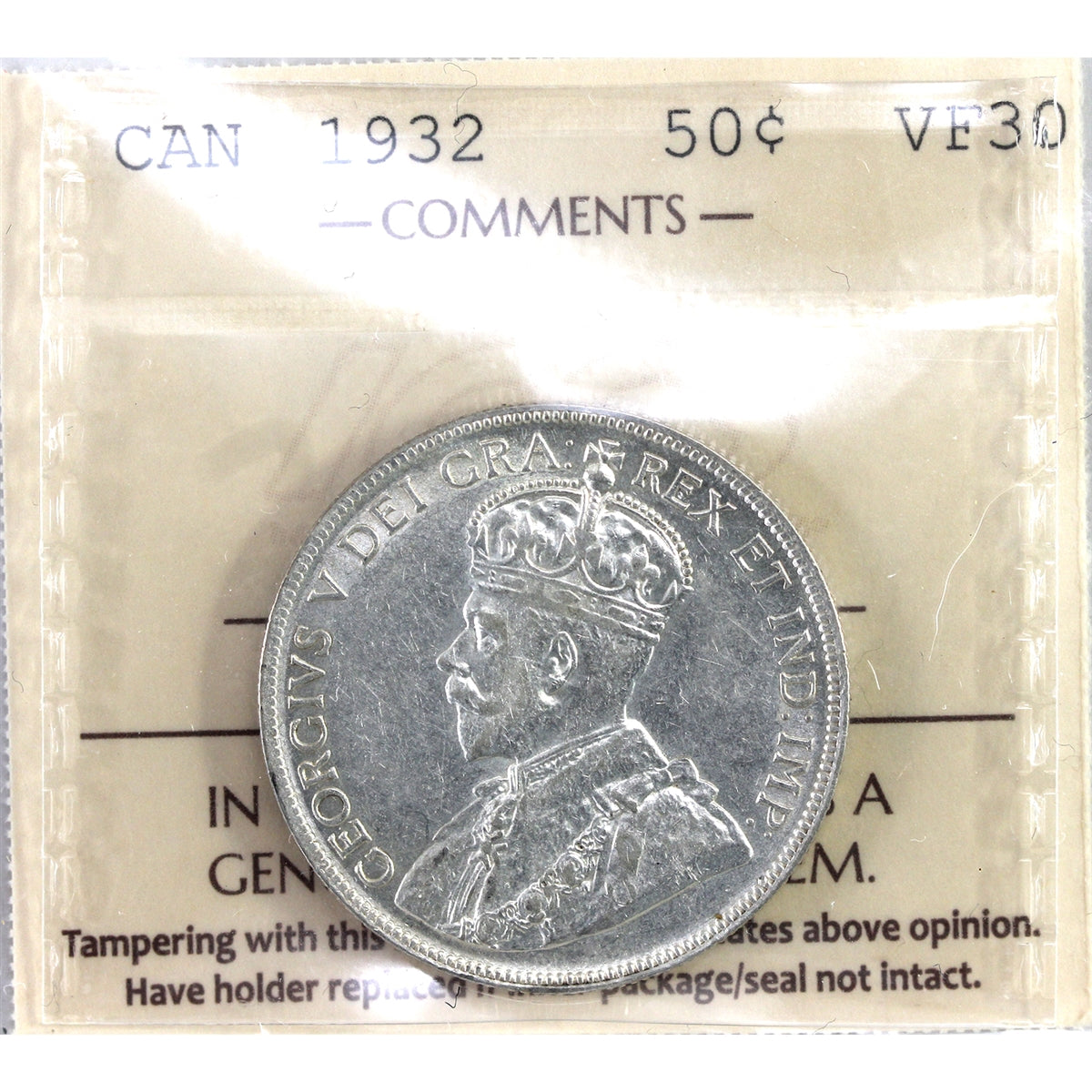 1932 Canada 50-cents ICCS Certified VF30
