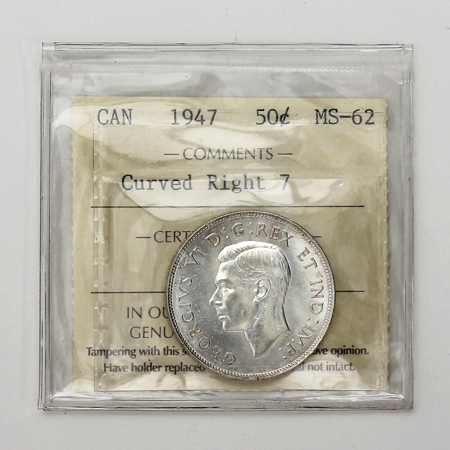 1947 Curved Right 7 Canada 50-cents ICCS Certified MS62
