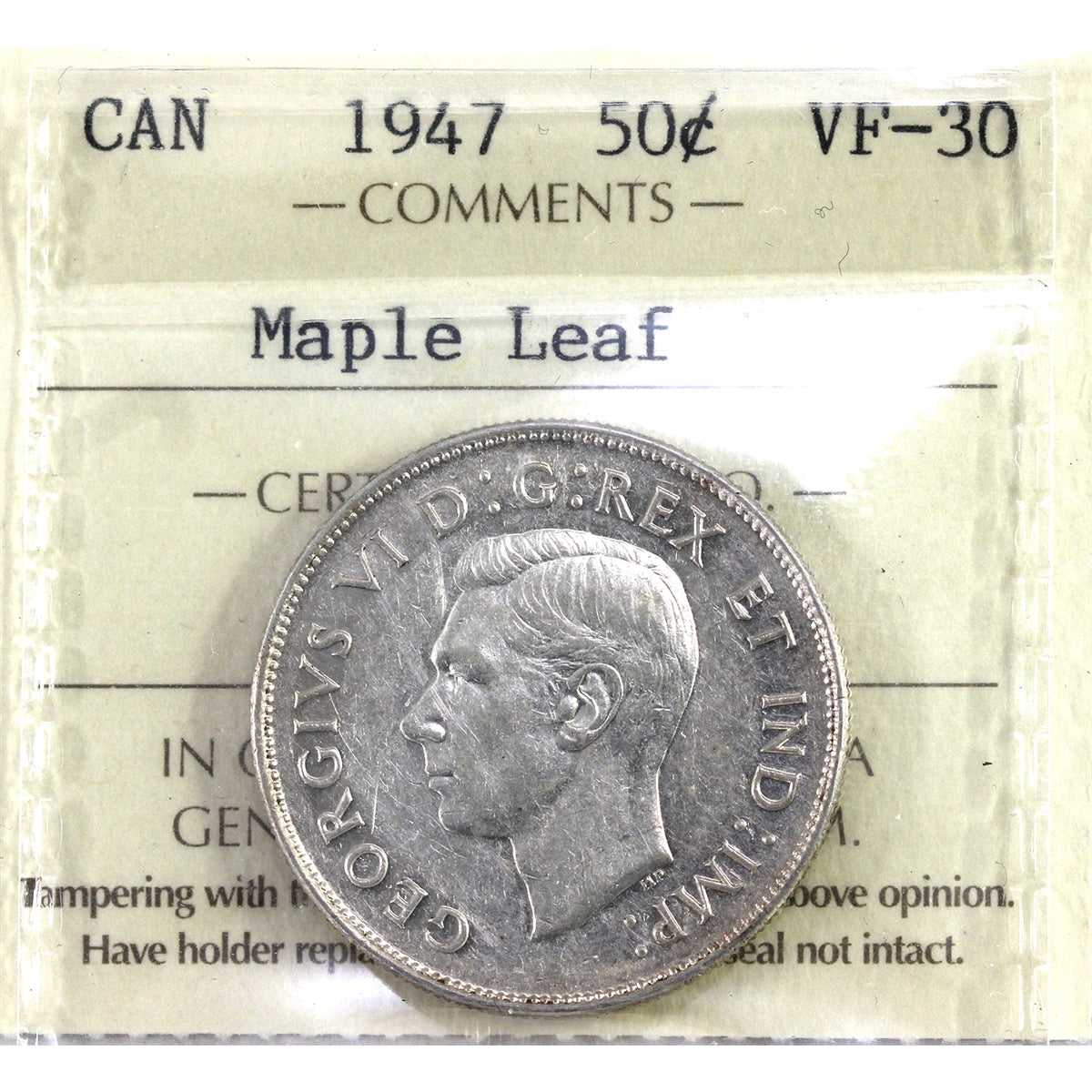 1947 Maple Leaf Canada 50-cents ICCS Certified VF30