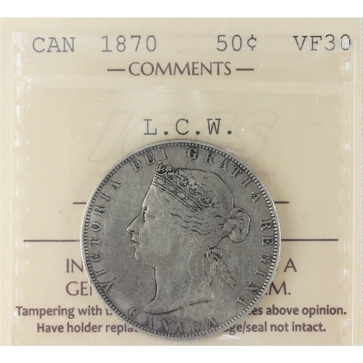 1870 LCW Canada 50-cents ICCS Certified VF30