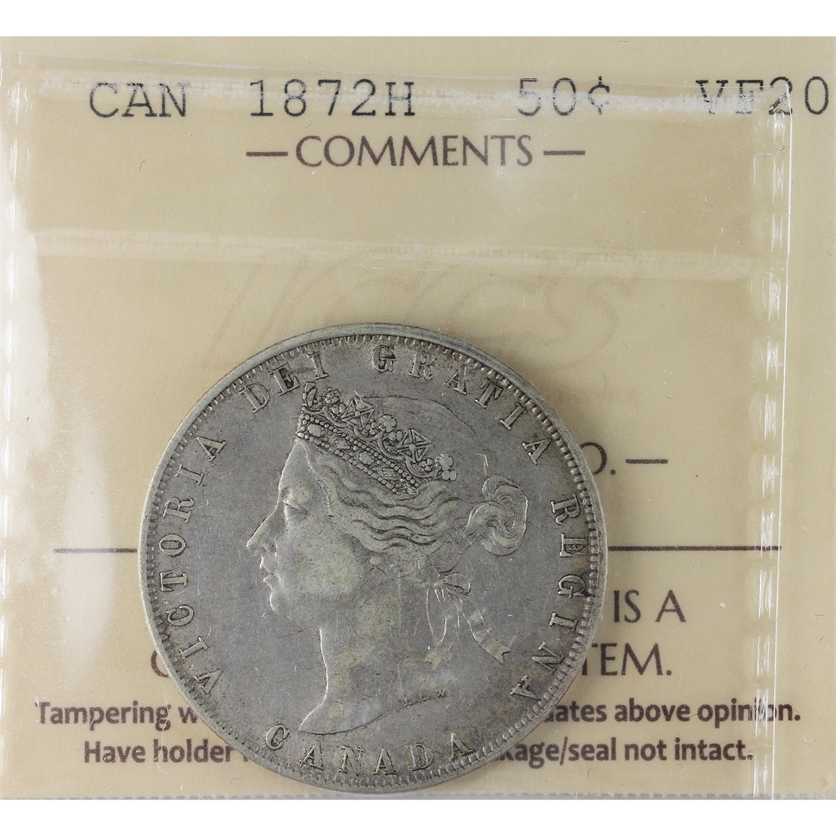 1872H Canada 50-cents ICCS Certified VF20 (XZD 099)