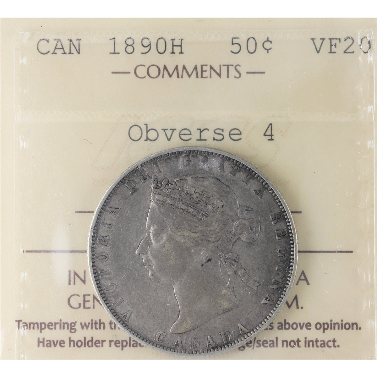 1890H Obv. 4 Canada 50-cents ICCS Certified VF20 (XWM 197)