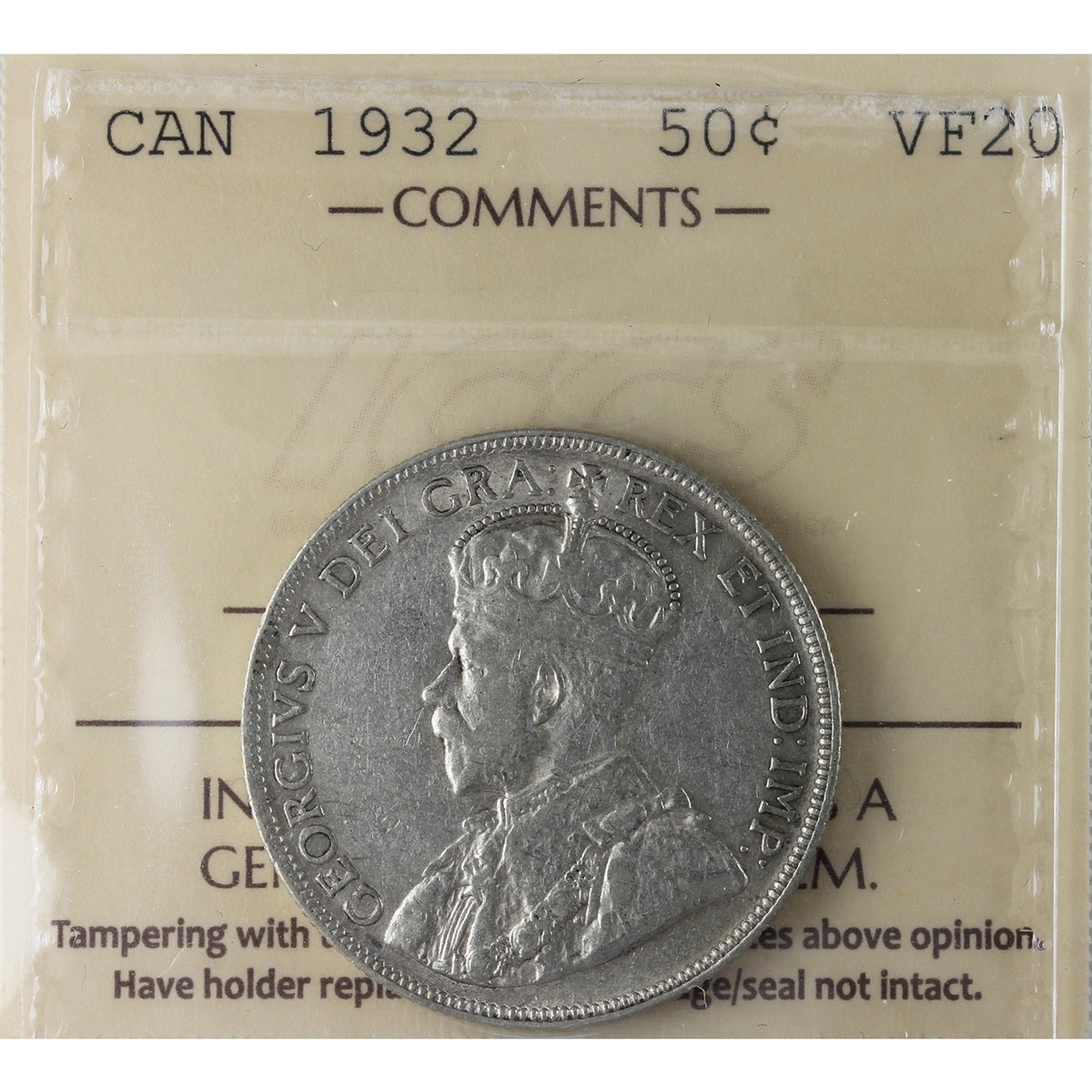 1932 Canada 50-cents ICCS Certified VF20