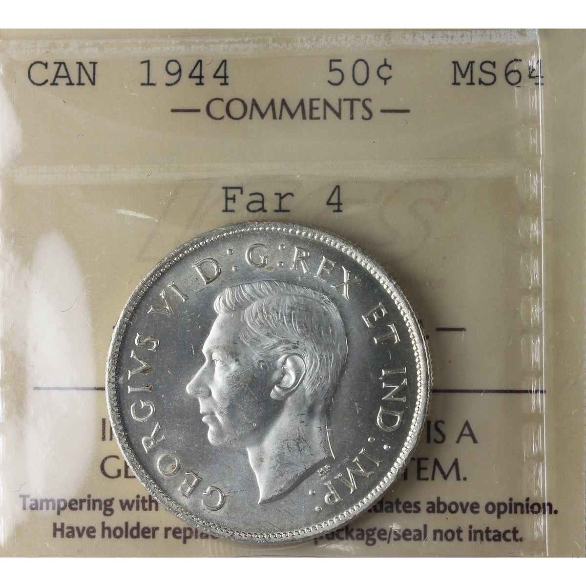 1944 Far 4 Canada 50-cents ICCS Certified MS64 (XZD 142)