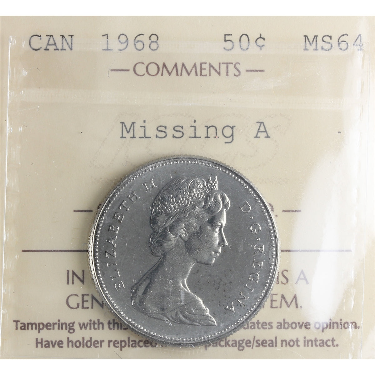 1968 Missing A Canada 50-cents ICCS Certified MS64