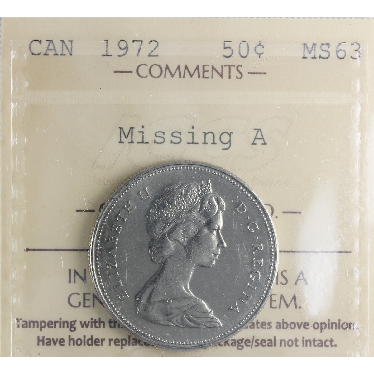 1972 Missing A Canada 50-cents ICCS Certified MS63