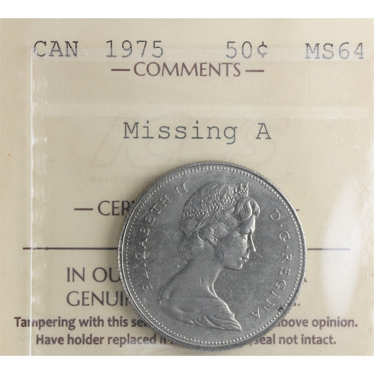 1975 Missing A Canada 50-cents ICCS Certified MS64