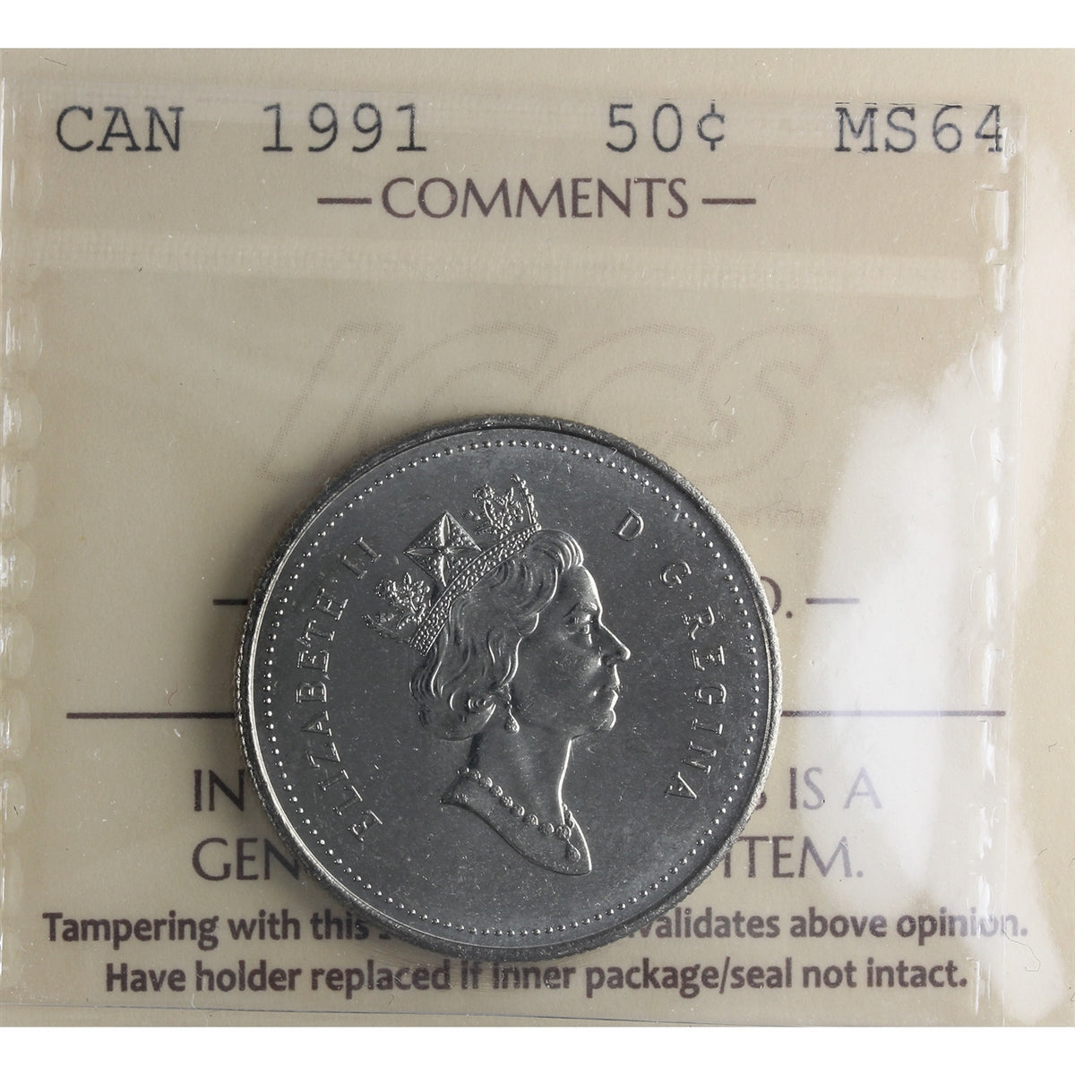 1991 Canada 50-cents ICCS Certified MS64