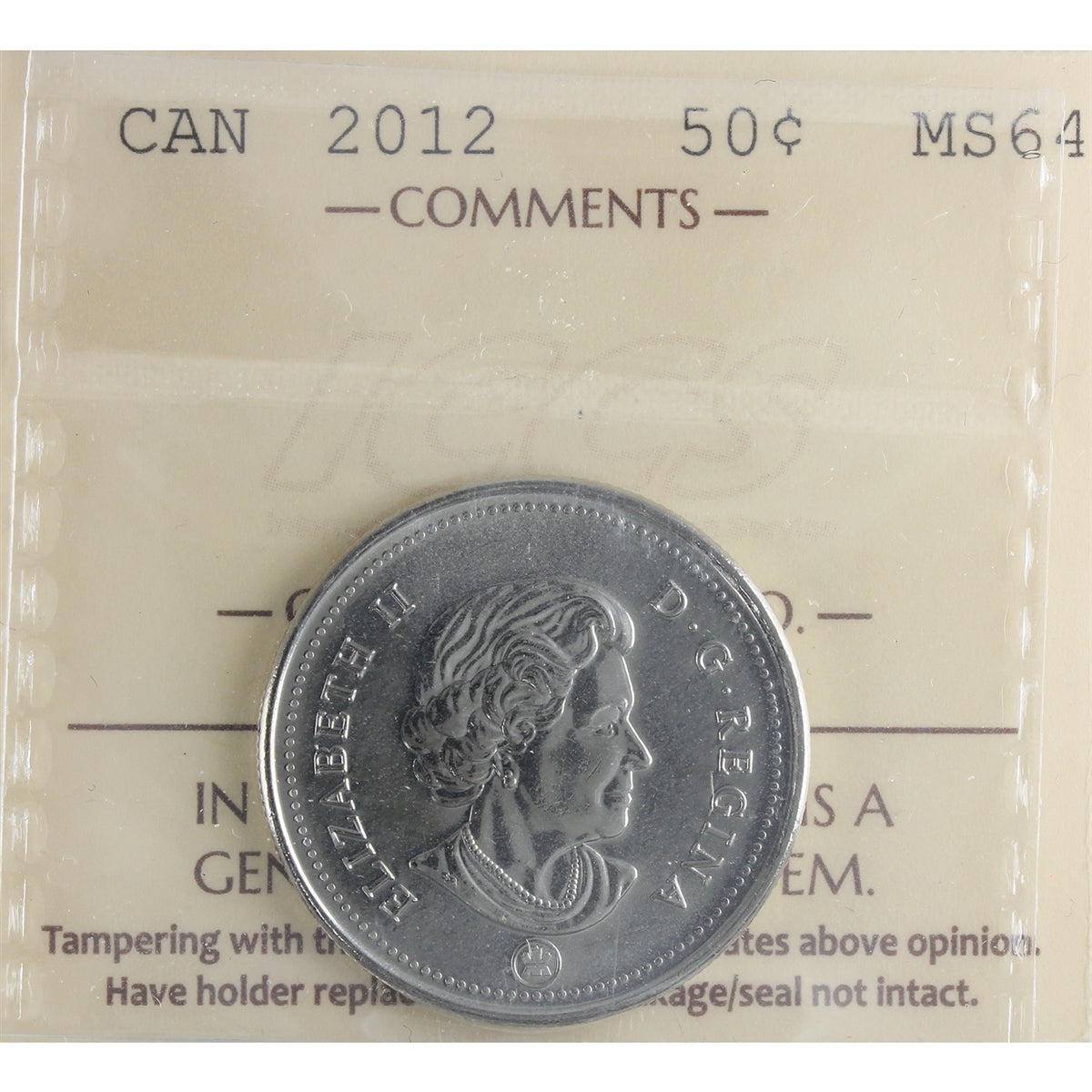 2012 Canada 50-cents ICCS Certified MS64