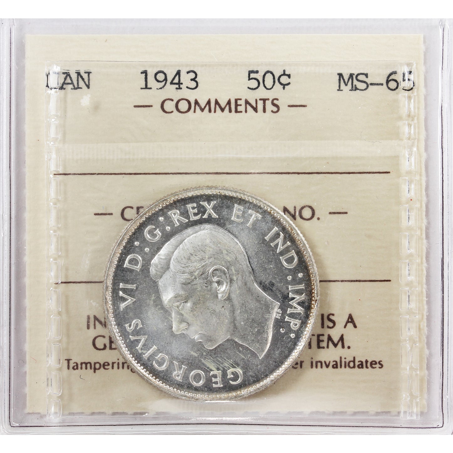 1943 Canada 50-cents ICCS Certified MS-65 (KM 822)