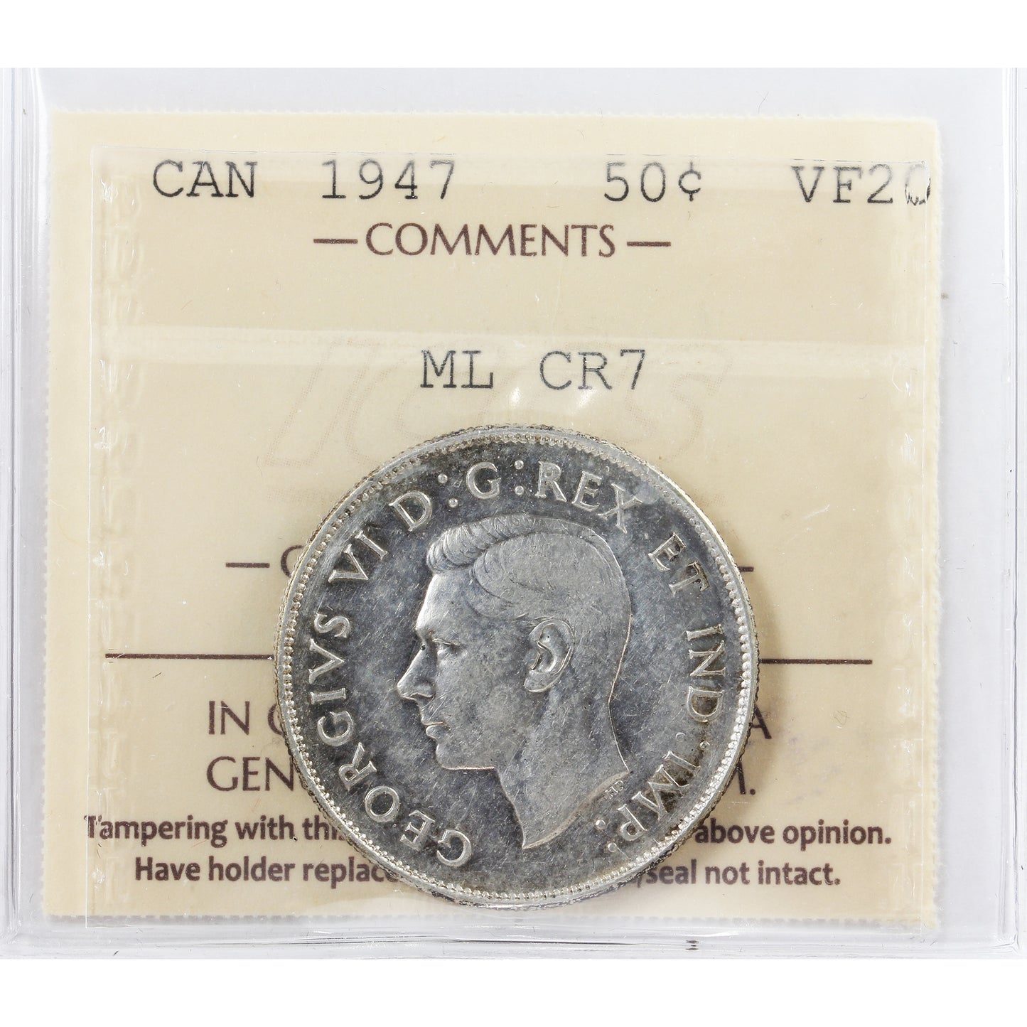1947 Maple Leaf, Curved Right 7 Canada 50-cents ICCS Certified VF20