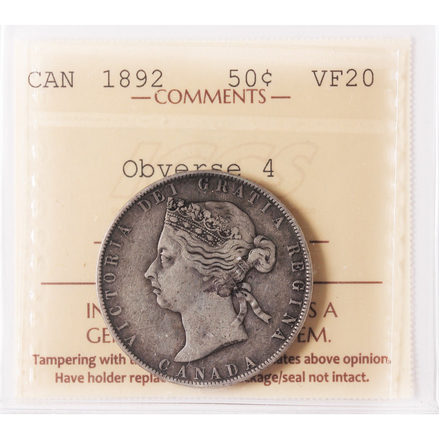 1892 Obv. 4 Canada 50-cents ICCS Certified VF20