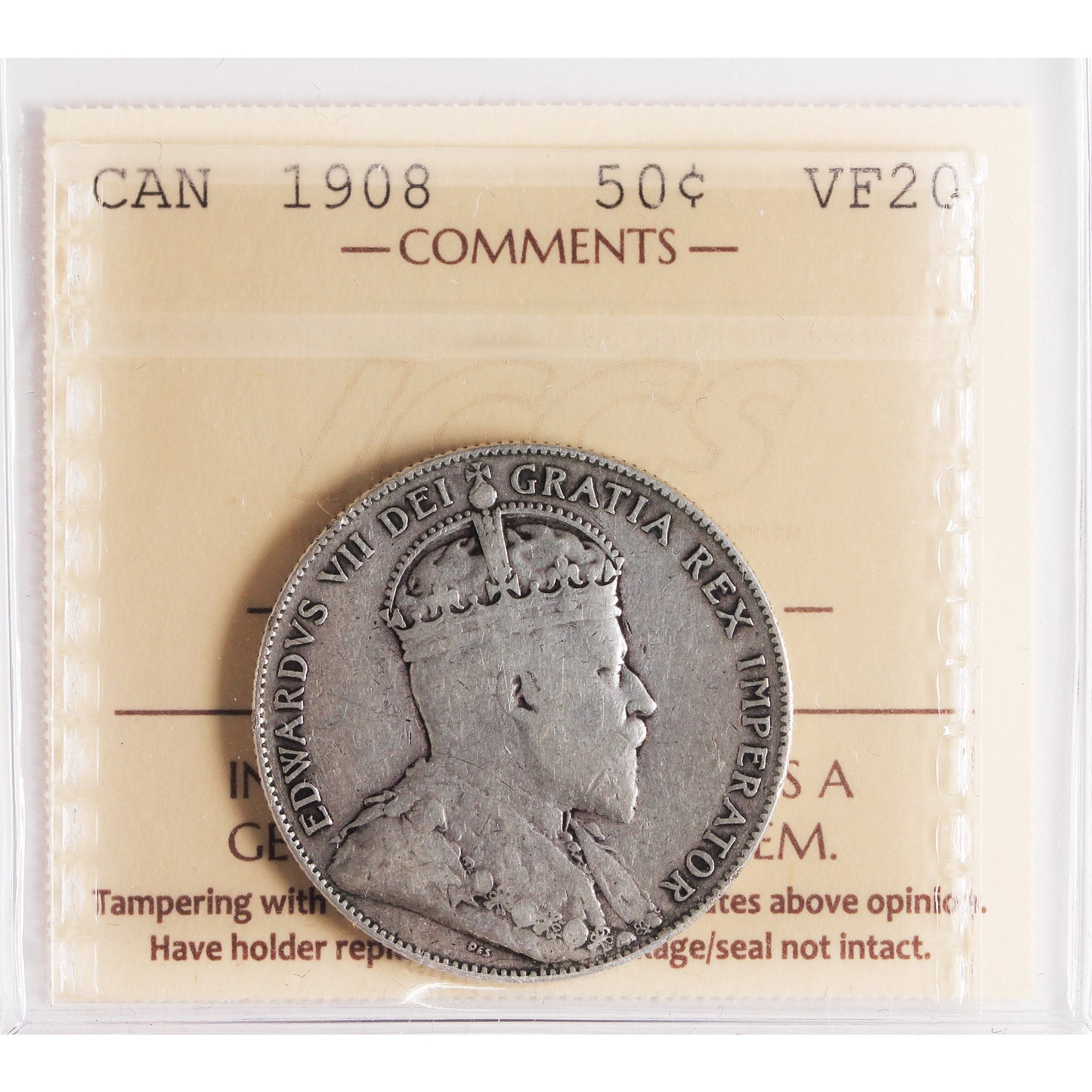 1908 Canada 50-cents ICCS Certified VF20