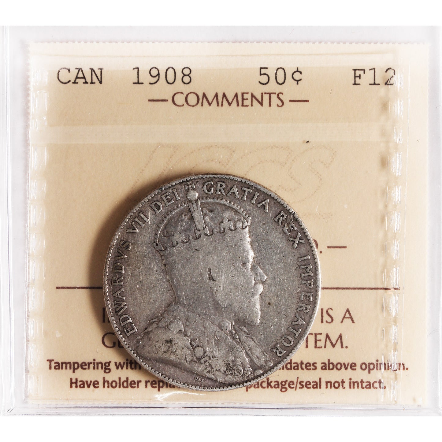 1908 Canada 50-cents ICCS Certified F12