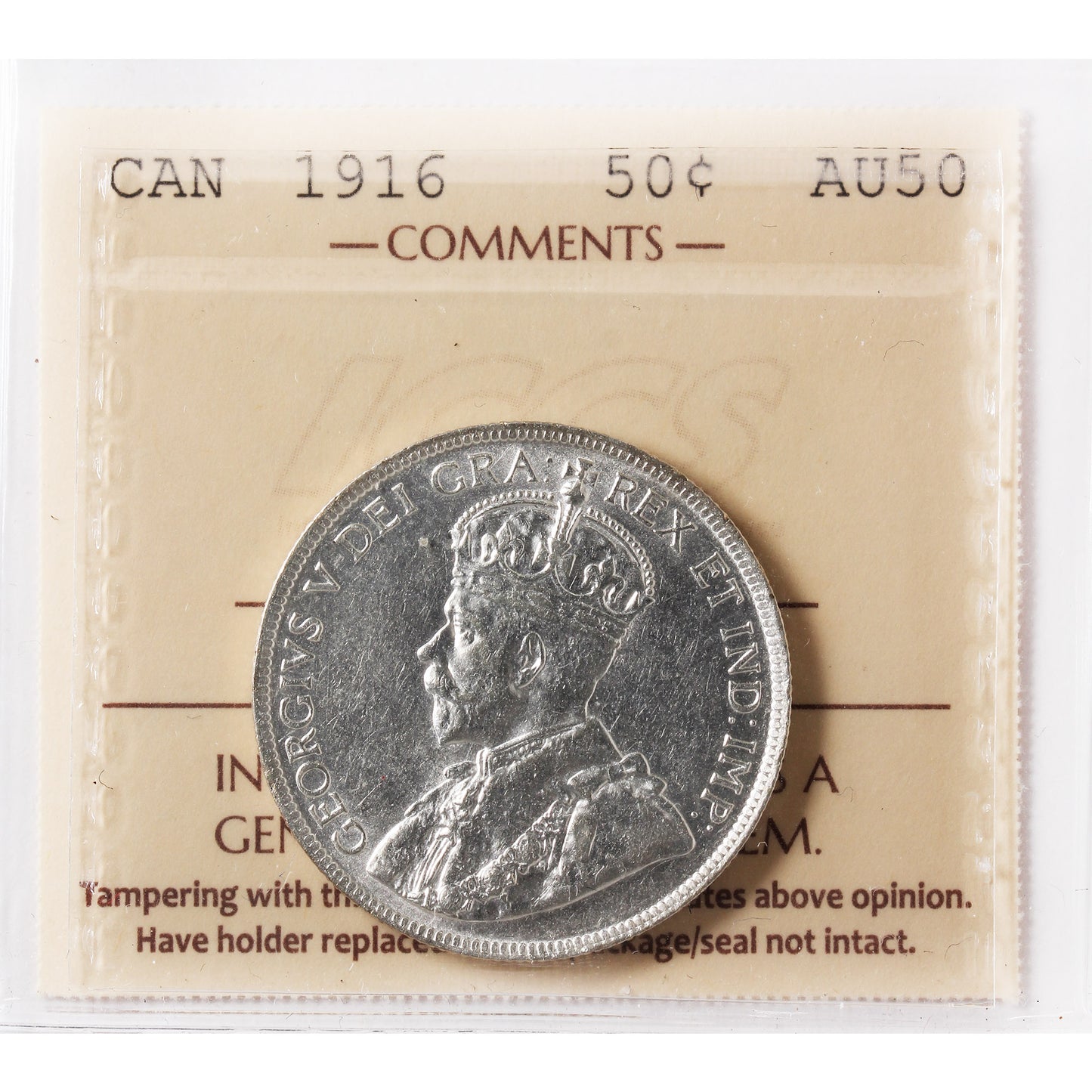 1916 Canada 50-cents ICCS Certified AU50
