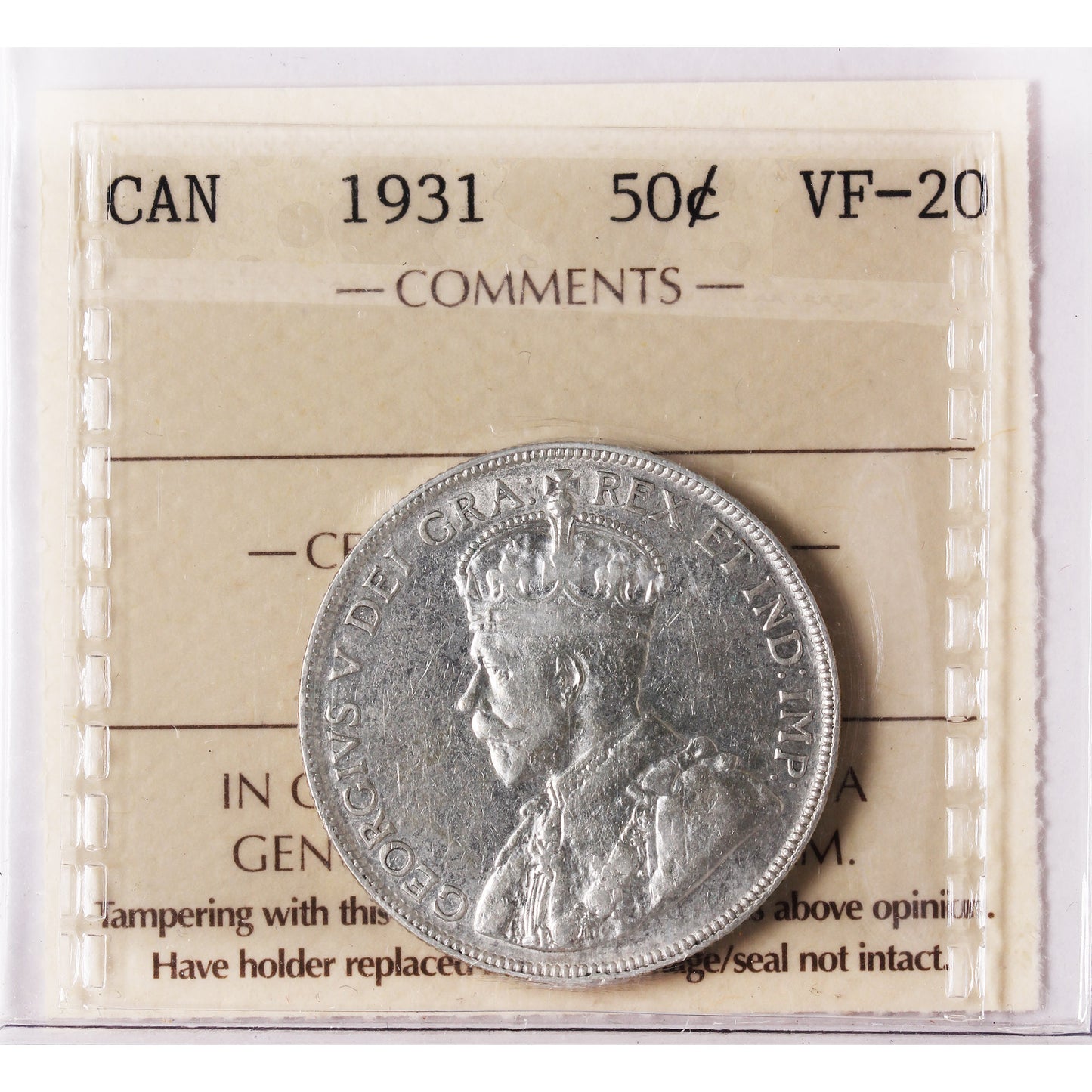 1931 Canada 50-cents ICCS Certified VF20