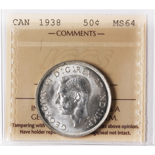 1938 Canada 50-cents ICCS Certified MS64 (XXR 558)