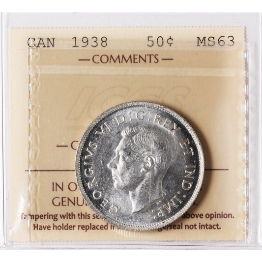 1938 Canada 50-cents ICCS Certified MS63 (XXR 557)
