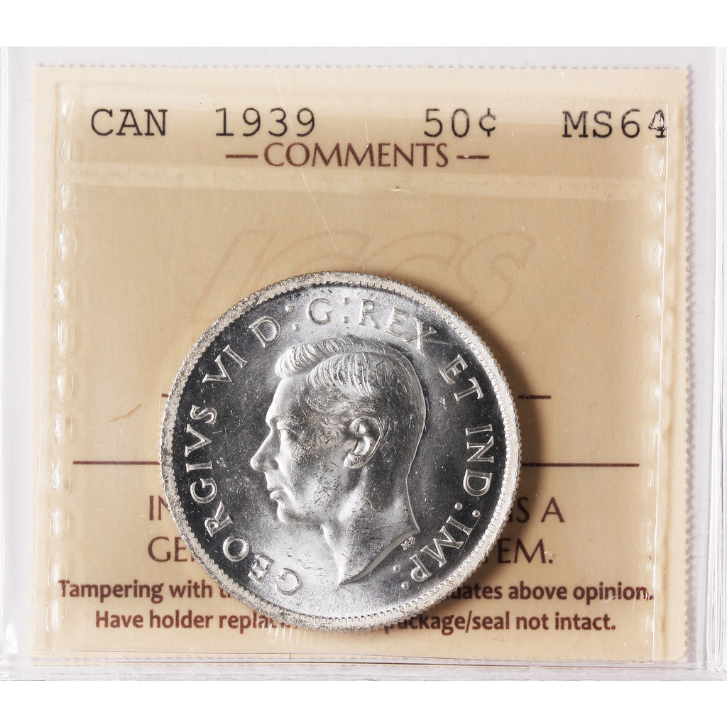 1939 Canada 50-cents ICCS Certified MS64 (XAM 177)