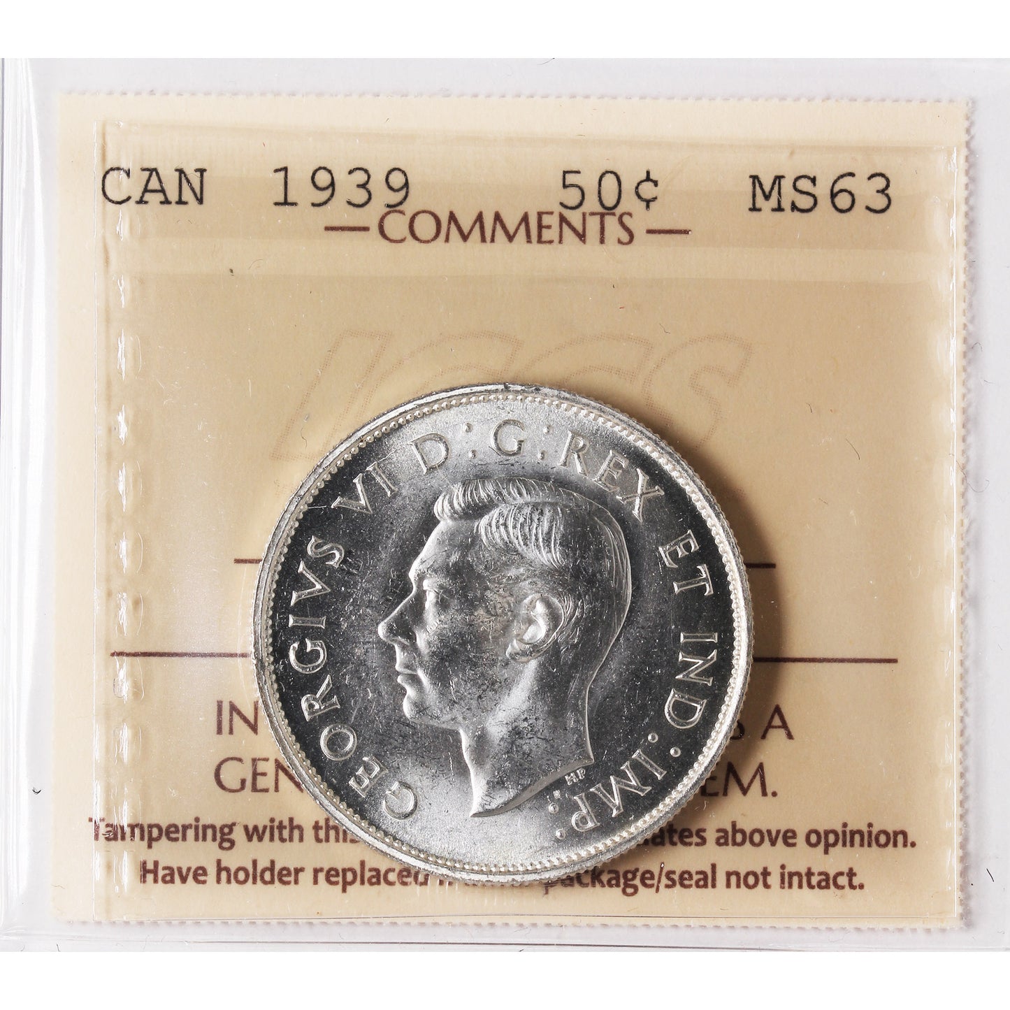 1939 Canada 50-cents ICCS Certified MS63 (XXE 451)