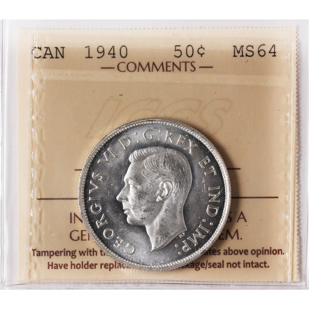 1940 Canada 50-cents ICCS Certified MS-64 (XAM 178)