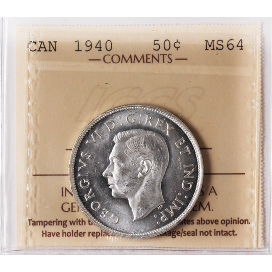 1940 Canada 50-cents ICCS Certified MS-64 (XAM 178)