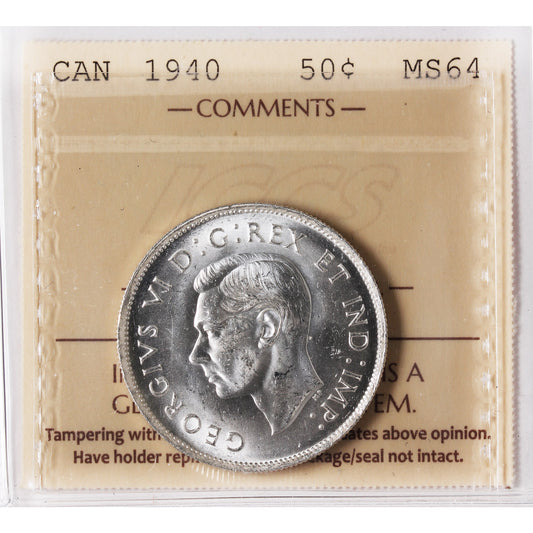 1940 Canada 50-cents ICCS Certified MS-64 (XXR 559)