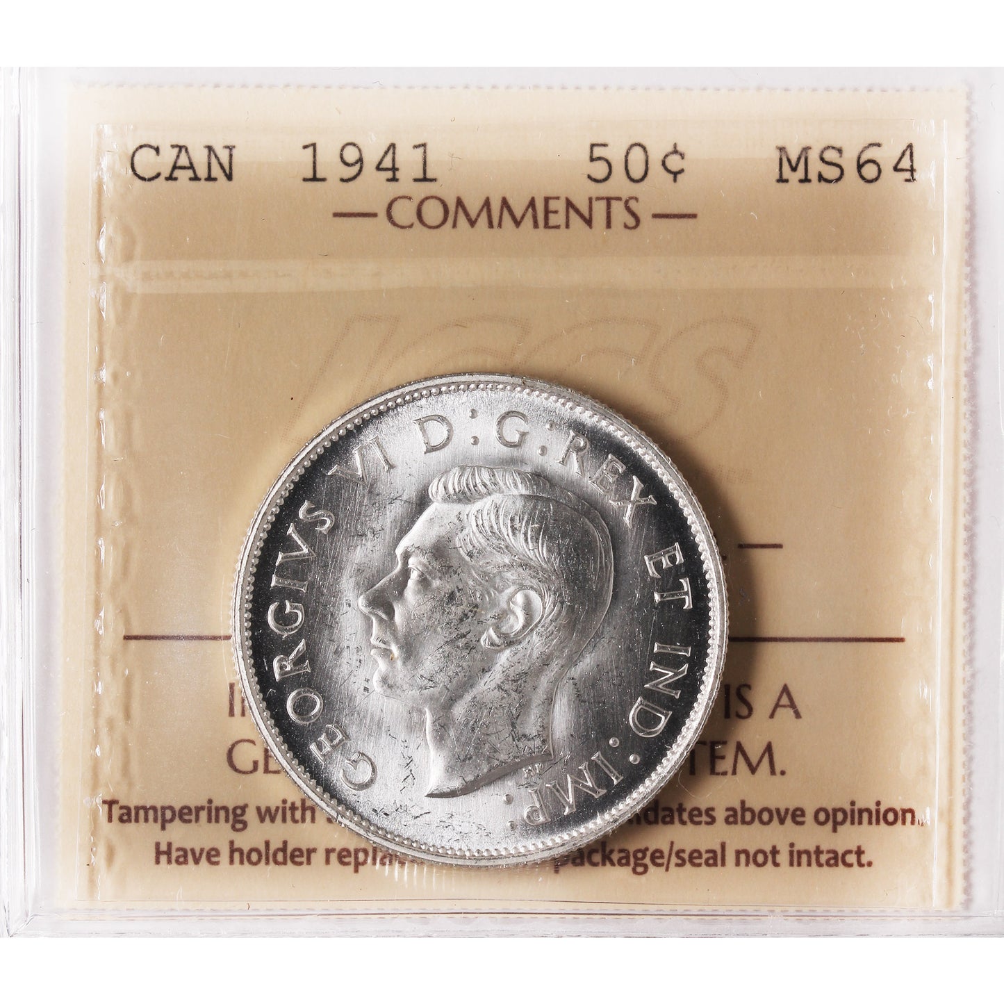 1941 Canada 50-cents ICCS Certified MS-64 (XAM 179)