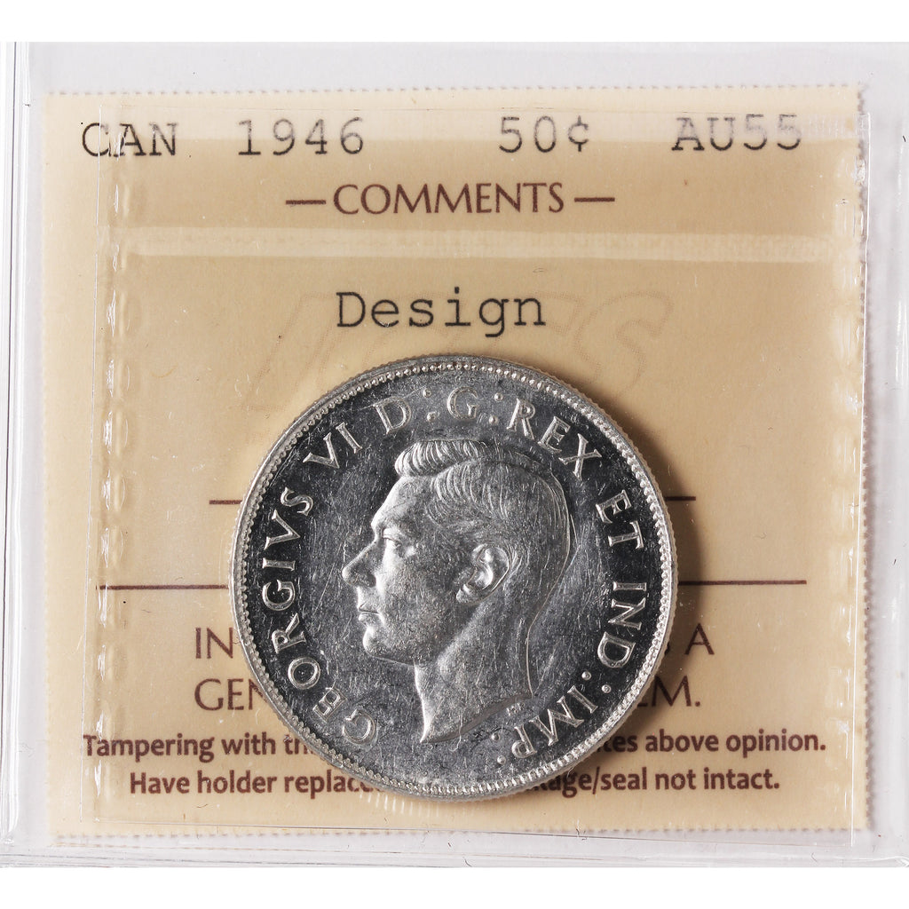 1946 Design Canada 50-cents ICCS Certified AU-55