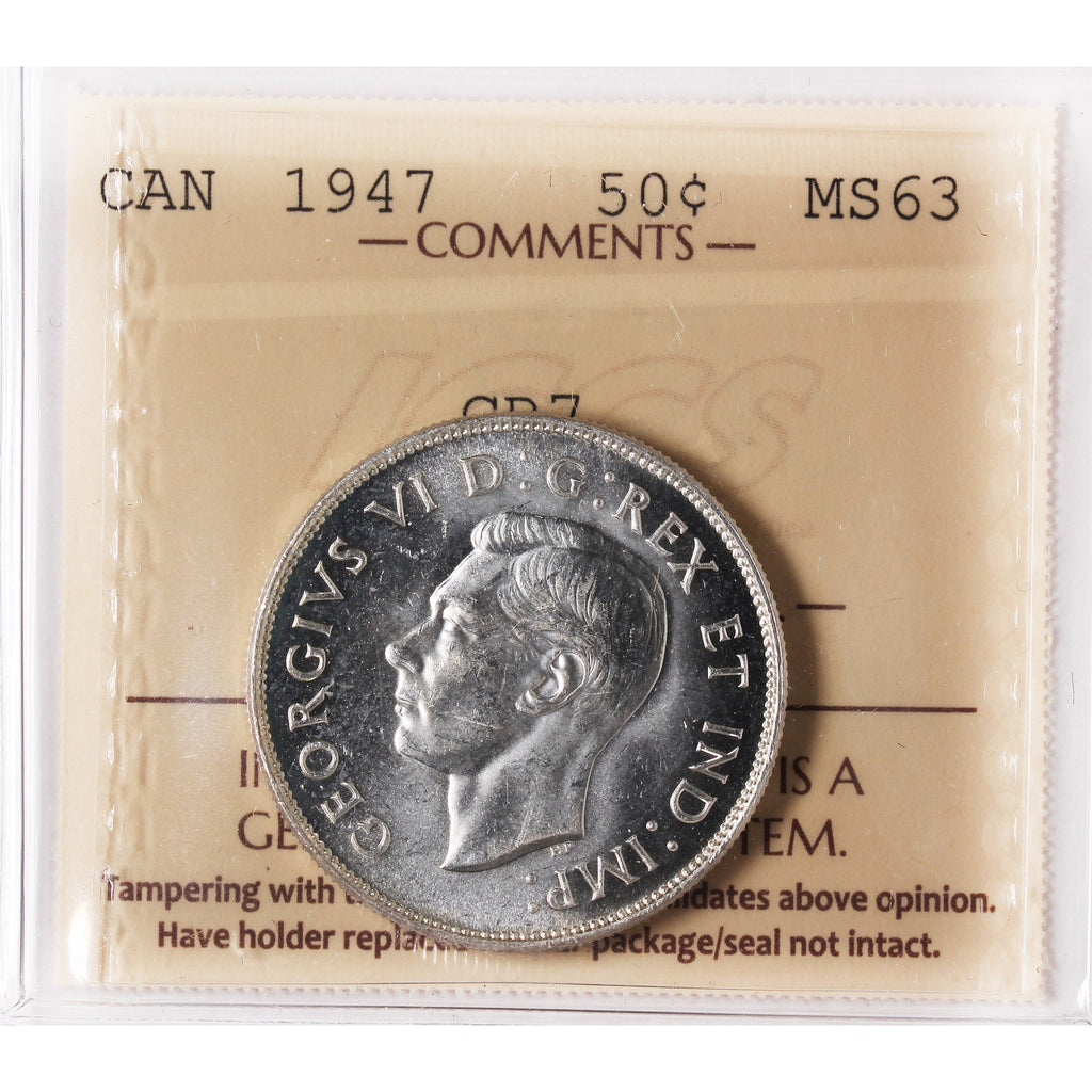 1947 Curved Right 7 Canada 50-cents ICCS Certified MS63 (XVR 118)