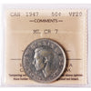1947 Maple Leaf, Curved Right 7 Canada 50-cents ICCS Certified VF20