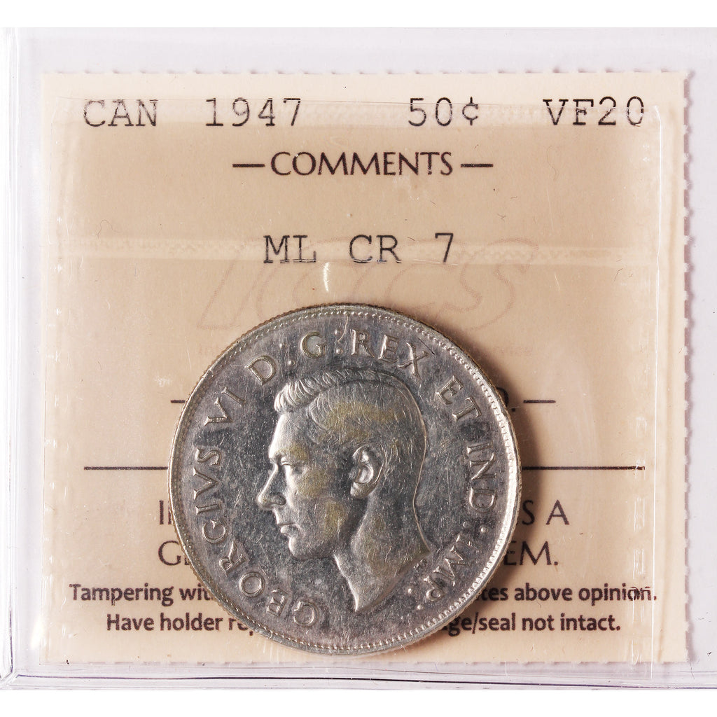1947 Maple Leaf, Curved Right 7 Canada 50-cents ICCS Certified VF20